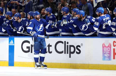 Apr 24, 2023; Tampa, Florida, USA; Tampa Bay Lightning left wing Alex Killorn (17) is congratulated after he scored a goal against the Toronto Maple Leafs during the second period of game four of the first round of the 2023 Stanley Cup Playoffs at Amalie Arena. Mandatory Credit: Kim Klement-USA TODAY Sports