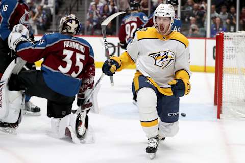 DENVER, CO – APRIL 22: Austin Watson #51 of the Nashville Predators celebrates scoring a goal against the Colorado Avalanche in Game Six of the Western Conference First Round during the 2018 NHL Stanley Cup Playoffs at the Pepsi Center on April 22, 2018 in Denver, Colorado. (Photo by Matthew Stockman/Getty Images)