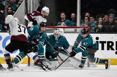 SAN JOSE, CA – APRIL 06: Martin Jones #31 of the San Jose Sharks makes a save through traffic against the Colorado Avalanche at SAP Center on April 06, 2019 in San Jose, California (Photo by Brandon Magnus/NHLI via Getty Images)