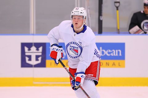 NEW YORK, NY – JUNE 29: New York Rangers Defenseman Calle Sjalin (83) skates during New York Rangers Prospect Development Camp on June 29, 2018 at the MSG Training Center in New York, NY. (Photo by Rich Graessle/Icon Sportswire via Getty Images)