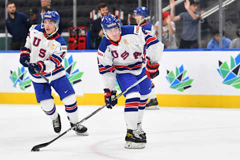 EDMONTON, AB – AUGUST 17: Riley Duran #8 of United States warms up prior to the game against Czechia in the IIHF World Junior Championship on August 17, 2022 at Rogers Place in Edmonton, Alberta, Canada (Photo by Andy Devlin/ Getty Images)