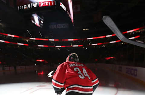 RALEIGH, NC – NOVEMBER 21: Petr Mrazek #34 of the Carolina Hurricanes enters the ice during pregame introductions prior to and NHL game against the Philadelphia Flyers on November 21, 2019 at PNC Arena in Raleigh, North Carolina. (Photo by Gregg Forwerck/NHLI via Getty Images)