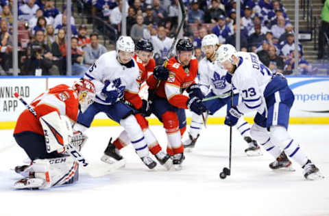 SUNRISE, FLORIDA – FEBRUARY 27: Kyle Clifford #73 of the Toronto Maple Leafs takes a shot on goalie Sergei Bobrovsky #72 of the Florida Panthers during the third period at BB&T Center on February 27, 2020 in Sunrise, Florida. (Photo by Michael Reaves/Getty Images)