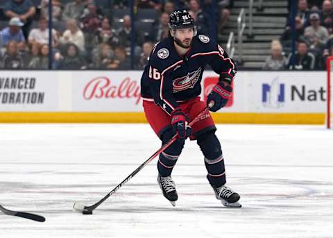 COLUMBUS, OHIO – OCTOBER 02: Kirill Marchenko #86 of the Columbus Blue Jackets skates during the second period against the St. Louis Blues at Nationwide Arena on October 02, 2023 in Columbus, Ohio. (Photo by Jason Mowry/Getty Images)