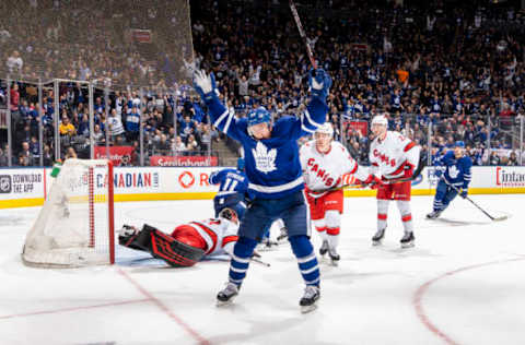 TORONTO, ON – DECEMBER 23: Tyson Barrie #94 of the Toronto Maple Leafs celebrates after scoring against the Carolina Hurricanes during the third period at the Scotiabank Arena on December 23, 2019 in Toronto, Ontario, Canada. (Photo by Mark Blinch/NHLI via Getty Images)