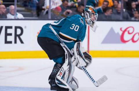 SAN JOSE, CA – APRIL 12: San Jose Sharks goaltender Aaron Dell (30) during the Stanley Cup Playoffs game between the San Jose Sharks and the Las Vegas Golden Knights on April 12, 2019, at SAP Center in San Jose, CA. (Photo by Samuel Stringer/Icon Sportswire via Getty Images)