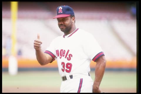 24 Apr 1991: Dave Parker of the California Angels points to someone during a game against the Seattle Mariners at Anaheim Stadium in Anaheim, California. Mandatory Credit: Stephen Dunn /Allsport