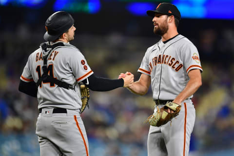 Jun 17, 2023; Los Angeles, California, USA; San Francisco Giants relief pitcher Tristan Beck (43) and catcher Patrick Bailey (14) celebrate the victory against the Los Angeles Dodgers at Dodger Stadium. Mandatory Credit: Gary A. Vasquez-USA TODAY Sports