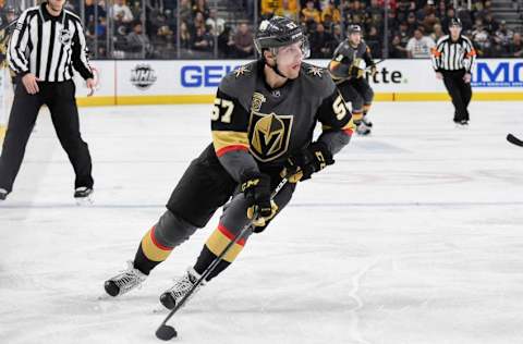 LAS VEGAS, NV – JANUARY 2: David Perron #57 of the Vegas Golden Knights skates with a puck against the Nashville Predators during the game at T-Mobile Arena on January 2, 2018, in Las Vegas, Nevada. (Photo by Jeff Bottari/NHLI via Getty Images)