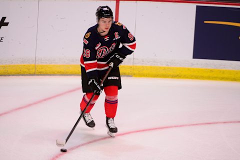 Jan 25, 2023; Langley, BC, CANADA; CHL Top Prospects team red forward Connor Bedard (98) warms up in the CHL Top Prospects ice hockey game at Langley Events Centre. Mandatory Credit: Anne-Marie Sorvin-USA TODAY Sports