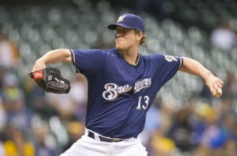 Jun 8, 2016; Milwaukee, WI, USA; Milwaukee Brewers pitcher Will Smith (13) throws a pitch during the ninth inning against the Oakland Athletics at Miller Park. Milwaukee won 4-0. Mandatory Credit: Jeff Hanisch-USA TODAY Sports