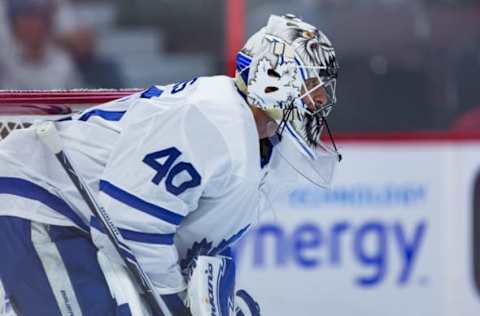 OTTAWA, ON – SEPTEMBER 18: Toronto Maple Leafs goalie Garret Sparks (40) waits for the faceoff during second period National Hockey League preseason action between the Toronto Maple Leafs and Ottawa Senators on September 18, 2017, at Canadian Tire Centre in Ottawa, ON, Canada. (Photo by Richard A. Whittaker/Icon Sportswire via Getty Images)