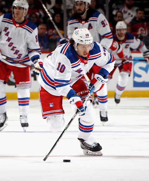 NEWARK, NEW JERSEY – APRIL 18: Artemi Panarin, #10 of the New York Rangers, skates against the New Jersey Devils during Game One in the First Round of the 2023 Stanley Cup Playoffs at the Prudential Center on April 18, 2023, in Newark, New Jersey. (Photo by Bruce Bennett/Getty Images)