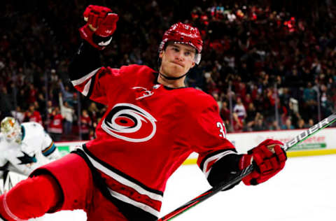 RALEIGH, NC – DECEMBER 05: Carolina Hurricanes right wing Andrei Svechnikov (37) celebrates his goal at the end of the OT period of the Carolina Hurricanes game versus the New York Rangers on December 5th, 2019 at PNC Arena in Raleigh, NC (Photo by Jaylynn Nash/Icon Sportswire via Getty Images)