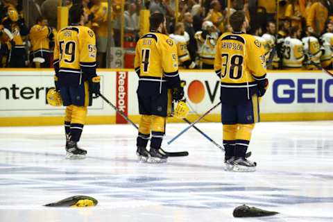 NASHVILLE, TN – JUNE 11: Catfish are seen on the ice during the playing of the national anthem prior to the start of Game Six of the 2017 NHL Stanley Cup Final between the Pittsburgh Penguins and the Nashville Predators at the Bridgestone Arena on June 11, 2017 in Nashville, Tennessee. (Photo by Bruce Bennett/Getty Images)