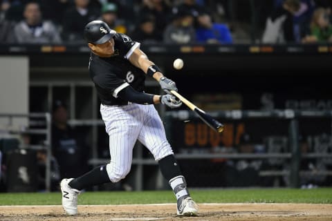 CHICAGO, IL – SEPTEMBER 08: Chicago White Sox right fielder Avisail Garcia (26) hits a single in the third inning against the Los Angeles Angels on September 8,2018 at Guaranteed Rate Field in Chicago, Illinois. (Photo by Quinn Harris/Icon Sportswire via Getty Images)