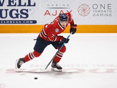 OSHAWA, ON – FEBRUARY 17: Ty Tullio #71 of the Oshawa Generals skates with the puck during an OHL game against the Owen Sound Attack at the Tribute Communities Centre on February 17, 2020 in Oshawa, Ontario, Canada. (Photo by Chris Tanouye/Getty Images)