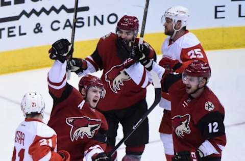 Jan 14, 2016; Glendale, AZ, USA; Arizona Coyotes defenseman Oliver Ekman-Larsson (23) celebrates with center Brad Richardson (12) and left wing Jordan Martinook (48) after scoring a goal as Detroit Red Wings defenseman Mike Green (25) and ]z21#2] react in the second period at Gila River Arena. Mandatory Credit: Matt Kartozian-USA TODAY Sports