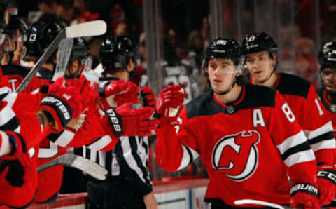 NEWARK, NEW JERSEY – APRIL 02: Jack Hughes #86 of the New Jersey Devils celebrates his first period goal against the Florida Panthers at the Prudential Center on April 02, 2022 in Newark, New Jersey. (Photo by Bruce Bennett/Getty Images)