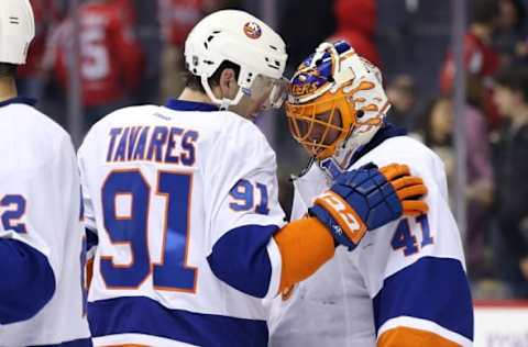 NHL Power Rankings: New York Islanders goalie Jaroslav Halak (41) celebrates with Islanders center John Tavares (91) after their game against the Washington Capitals at Verizon Center. The Islanders won 3-0. Mandatory Credit: Geoff Burke-USA TODAY Sports