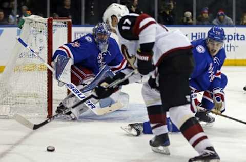 Oct 23, 2016; New York, NY, USA; New York Rangers goalie Henrik Lundqvist (30) keeps his eyes on Arizona Coyotes right wing Radim Vrbata (17) during the third period at Madison Square Garden. Mandatory Credit: Adam Hunger-USA TODAY Sports