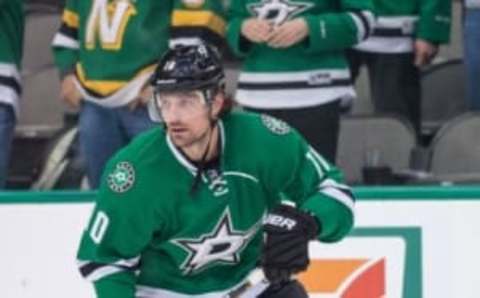 Nov 12, 2015; Dallas, TX, USA; Dallas Stars left wing Patrick Sharp (10) skates in warm-ups prior to the game against the Winnipeg Jets at the American Airlines Center. The Stars defeat the Jets 6-3. Mandatory Credit: Jerome Miron-USA TODAY Sports