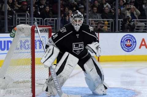 NHL Players: Los Angeles Kings goalie Peter Budaj (31) defends the goal against the San Jose Sharks during a NHL hockey game at Staples Center. The Sharks defeated the Kings 3-2. Mandatory Credit: Kirby Lee-USA TODAY Sports