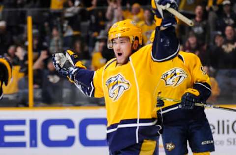 Feb 26, 2017; Nashville, TN, USA; Nashville Predators left wing Viktor Arvidsson (38) celebrates the goal during the third period at Bridgestone Arena. Mandatory Credit: Steve Roberts-USA TODAY Sports