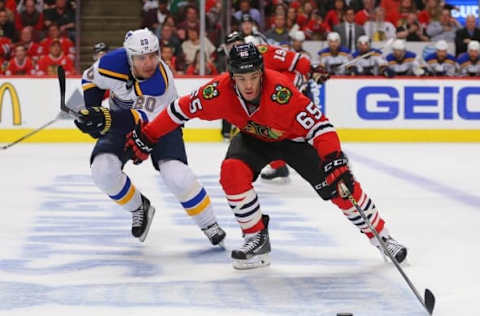 Apr 23, 2016; Chicago, IL, USA; Chicago Blackhawks center Andrew Shaw (65) is pursued by St. Louis Blues left wing Alexander Steen (20) during the first period in game six of the first round of the 2016 Stanley Cup Playoffs at the United Center. Mandatory Credit: Dennis Wierzbicki-USA TODAY Sports