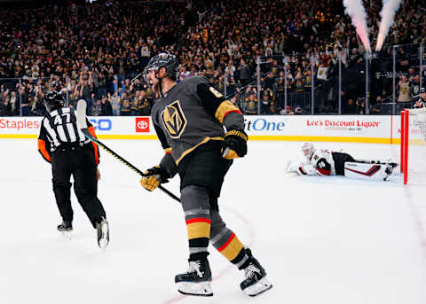 LAS VEGAS, NEVADA – NOVEMBER 29: Alex Tuch #89 of the Vegas Golden Knights celebrates after scoring the game-winning goal in a shoot out against the Arizona Coyotes at T-Mobile Arena on November 29, 2019 in Las Vegas, Nevada. (Photo by Jeff Bottari/NHLI via Getty Images)