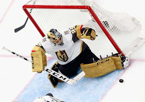 Marc-Andre Fleury #29 of the Vegas Golden Knights makes the third period save against the Chicago Blackhawks in Game Three of the Western Conference First Round. (Photo by Jeff Vinnick/Getty Images)