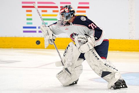 Apr 4, 2023; Toronto, Ontario, CAN; Columbus Blue Jackets goaltender Jet Greaves (73) makes a save during warm up before a game against the Toronto Maple Leafs at Scotiabank Arena. Mandatory Credit: John E. Sokolowski-USA TODAY Sports