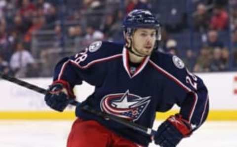 Mar 17, 2016; Columbus, OH, USA; Columbus Blue Jackets right wing Oliver Bjorkstrand (28) against the Detroit Red Wings at Nationwide Arena. The Red Wings won 3-1. Mandatory Credit: Aaron Doster-USA TODAY Sports