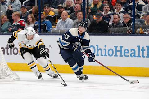 Nov 14, 2023; Columbus, Ohio, USA; Columbus Blue Jackets left wing Johnny Gaudreau (13) looks to pass as Pittsburgh Penguins defenseman Erik Karlsson (65) trails the play during the first period at Nationwide Arena. Mandatory Credit: Russell LaBounty-USA TODAY Sports