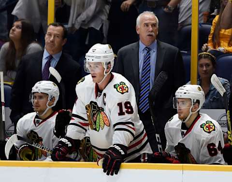 NASHVILLE, TN – OCTOBER 14: Jonathan Toews #19 of the Chicago Blackhawks and Chicago Blackhawks coach Joel Quenneville look on during a penalty call at Bridgestone Arena on October 14, 2016 in Nashville, Tennessee. (Photo by Sanford Myers/Getty Images)