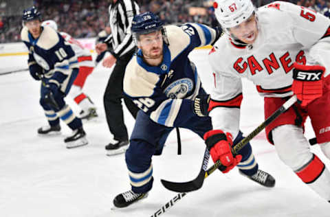 COLUMBUS, OH – OCTOBER 24: Oliver Bjorkstrand #28 of the Columbus Blue Jackets skates against the Carolina Hurricanes on October 24, 2019 at Nationwide Arena in Columbus, Ohio. (Photo by Jamie Sabau/NHLI via Getty Images)