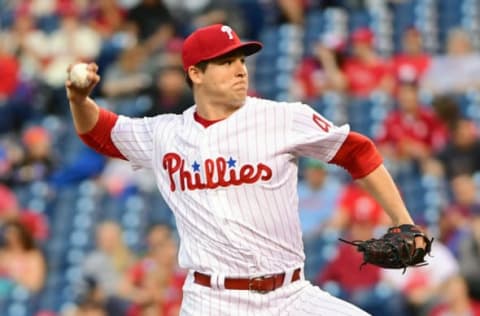 Apr 10, 2017; Philadelphia, PA, USA; Philadelphia Phillies starting pitcher Jerad Eickhoff (48) throws a pitch during the first inning against the New York Mets at Citizens Bank Park. Mandatory Credit: Eric Hartline-USA TODAY Sports