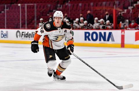 MONTREAL, QC – JANUARY 27: Josh Manson #42 of the Anaheim Ducks skates against the Montreal Canadiens during the second period at Centre Bell on January 27, 2022, in Montreal, Canada. The Anaheim Ducks defeated the Montreal Canadiens 5-4. (Photo by Minas Panagiotakis/Getty Images)