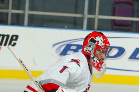 2004 Season: Player Jamie Storr of the Carolina Hurricanes. (Photo by Bruce Bennett Studios via Getty Images Studios/Getty Images)