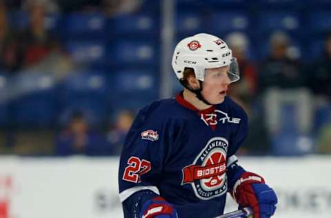 William Whitelaw #27 skates the ice in the first period of the 2023 BioSteel All-American game. (Photo by Mike Mulholland/Getty Images)