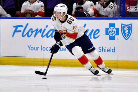 TAMPA, FLORIDA – APRIL 15: Markus Nutivaara #65 of the Florida Panthers handles the puck during the third period against the Tampa Bay Lightning at Amalie Arena on April 15, 2021 in Tampa, Florida. (Photo by Douglas P. DeFelice/Getty Images)