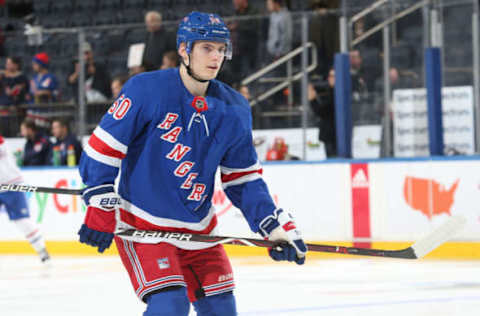 NEW YORK, NY – NOVEMBER 06: Lias Andersson #50 of the New York Rangers skates against the Montreal Canadiens at Madison Square Garden on November 6, 2018 in New York City. The New York Rangers won 5-3. (Photo by Jared Silber/NHLI via Getty Images)