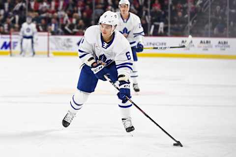 LAVAL, QC – DECEMBER 28: Toronto Marlies defenceman Teemu Kivihalme (6) gets ready to shoot the puck during the Toronto Marlies versus the Laval Rocket game on December 28, 2019, at Place Bell in Laval, QC (Photo by David Kirouac/Icon Sportswire via Getty Images)