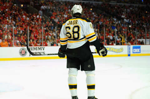 CHICAGO, IL – JUNE 22: Jaromir Jagr #68 of the Boston Bruins stands on the ice while playing the Chicago Blackhawks in Game Five of the 2013 Stanley Cup Final at the United Center on June 22, 2013 in Chicago, Illinois. (Photo by Brian Babineau/NHLI via Getty Images)