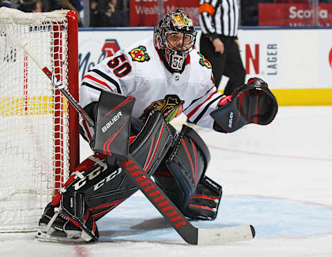 Corey Crawford of the Chicago Blackhawks vs the Toronto Maple Leafs (Photo by Claus Andersen/Getty Images)