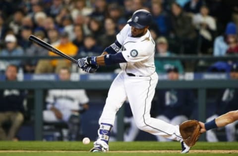 Apr 10, 2017; Seattle, WA, USA; Seattle Mariners second baseman Robinson Cano (22) fouls a pitch off of his foot during the fourth inning against the Houston Astros at Safeco Field. Seattle defeated Houston 6-0. Mandatory Credit: Joe Nicholson-USA TODAY Sports. MLB.