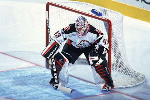 6 Nov 1999: Goalkeeper Martin Biron #43 of the Buffalo Sabres in action during the game against the New York Islanders at the Marine Midland Arena in Buffalo, New York. The Sabres defeated the Islanders 2-1. Mandatory Credit: Rick Stewart /Allsport