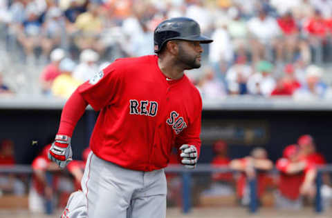 Mar 25, 2017; Port Charlotte, FL, USA; Boston Red Sox third baseman Pablo Sandoval (48) hits a 3-run home run during the fifth inning against the Tampa Bay Rays at Charlotte Sports Park. Mandatory Credit: Kim Klement-USA TODAY Sports