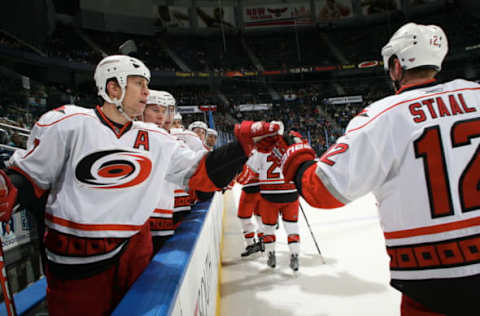 ATLANTA – JANUARY 21: Rod Brind’Amour #17 of the Carolina Hurricanes celebrates with Eric Staal #12 after scoring a goal against the Atlanta Thrashers at Philips Arena on January 21, 2010 in Atlanta, Georgia. (Photo by Scott Cunningham/NHLI via Getty Images)