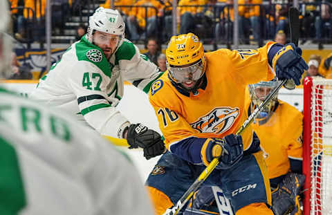 NASHVILLE, TN – APRIL 10: P.K. Subban #76 of the Nashville Predators battles against Alexander Radulov #47 of the Dallas Stars in Game One of the Western Conference First Round during the 2019 NHL Stanley Cup Playoffs at Bridgestone Arena on April 10, 2019 in Nashville, Tennessee. (Photo by John Russell/NHLI via Getty Images)